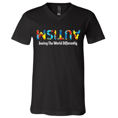 Autism Seeing The World Differently Upside Autism Awareness V-Neck T-Shirt