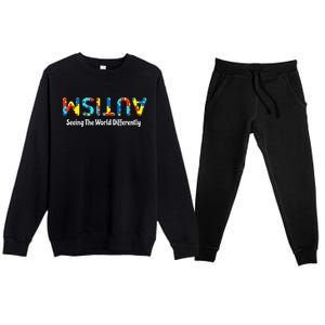 Autism Seeing The World Differently Upside Autism Awareness Premium Crewneck Sweatsuit Set