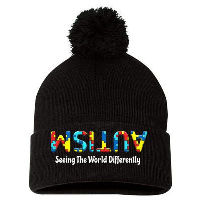 Autism Seeing The World Differently Upside Autism Awareness Pom Pom 12in Knit Beanie
