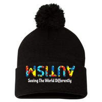 Autism Seeing The World Differently Upside Autism Awareness Pom Pom 12in Knit Beanie