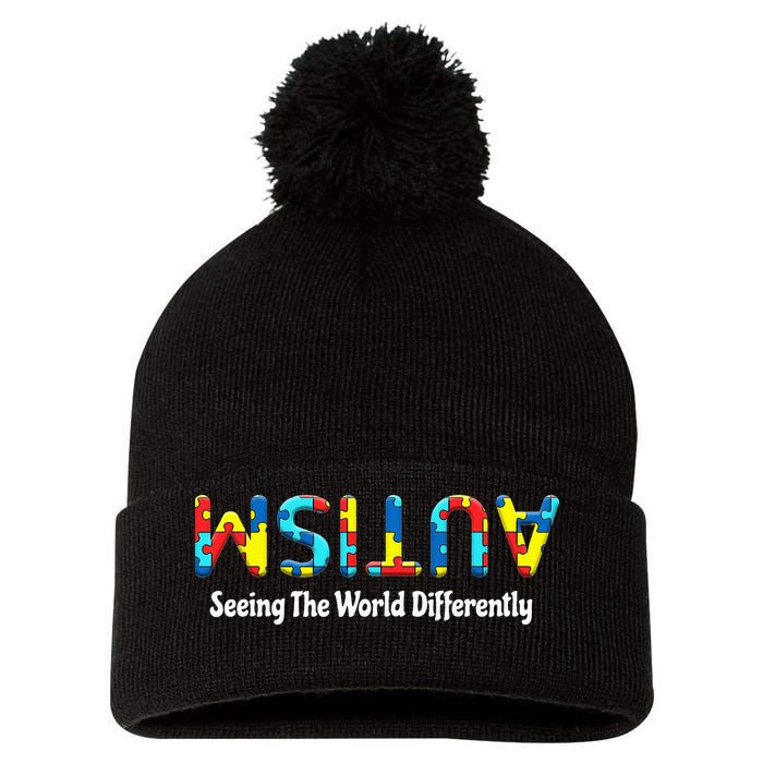 Autism Seeing The World Differently Upside Autism Awareness Pom Pom 12in Knit Beanie
