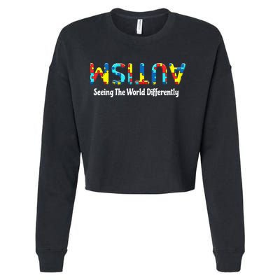 Autism Seeing The World Differently Upside Autism Awareness Cropped Pullover Crew