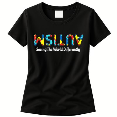 Autism Seeing The World Differently Upside Autism Awareness Womens T-Shirt