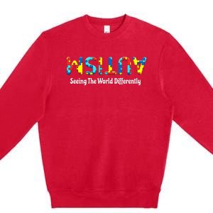 Autism Seeing The World Differently Upside Autism Awareness Premium Crewneck Sweatshirt