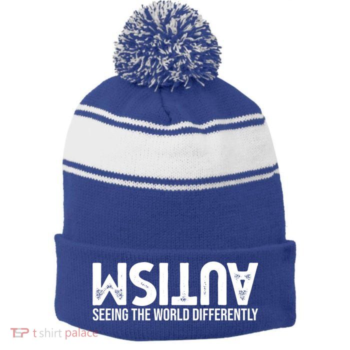 Autism Seeing The World Differently Quote Stripe Pom Pom Beanie
