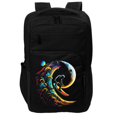 Astronaut surfing through space universe galaxy planets moon Impact Tech Backpack