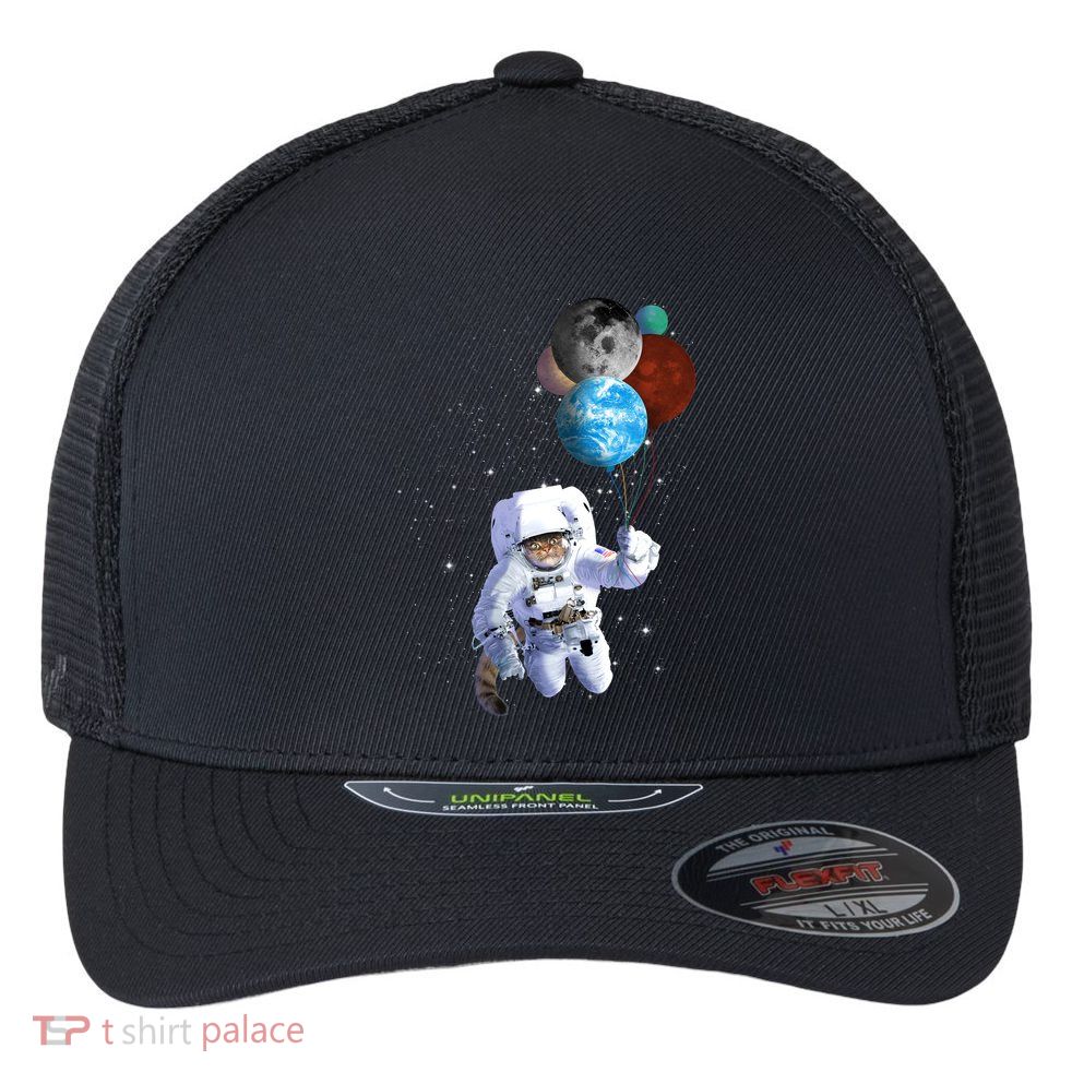 Astro Cat With Planet Balloons Flexfit Unipanel Trucker Cap