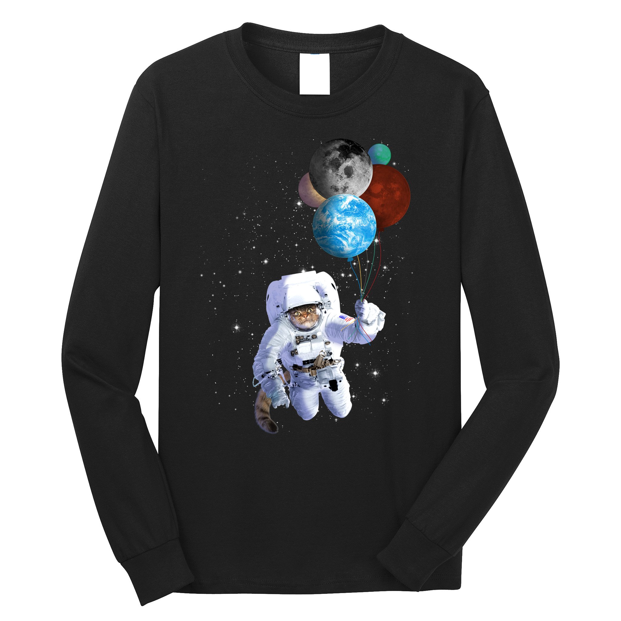 Astro Cat With Planet Balloons Long Sleeve Shirt