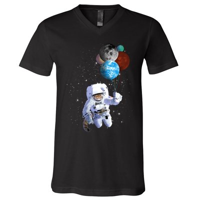 Astro Cat With Planet Balloons V-Neck T-Shirt