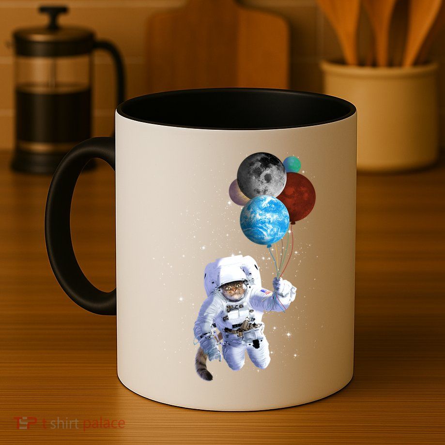 Astro Cat With Planet Balloons Mug