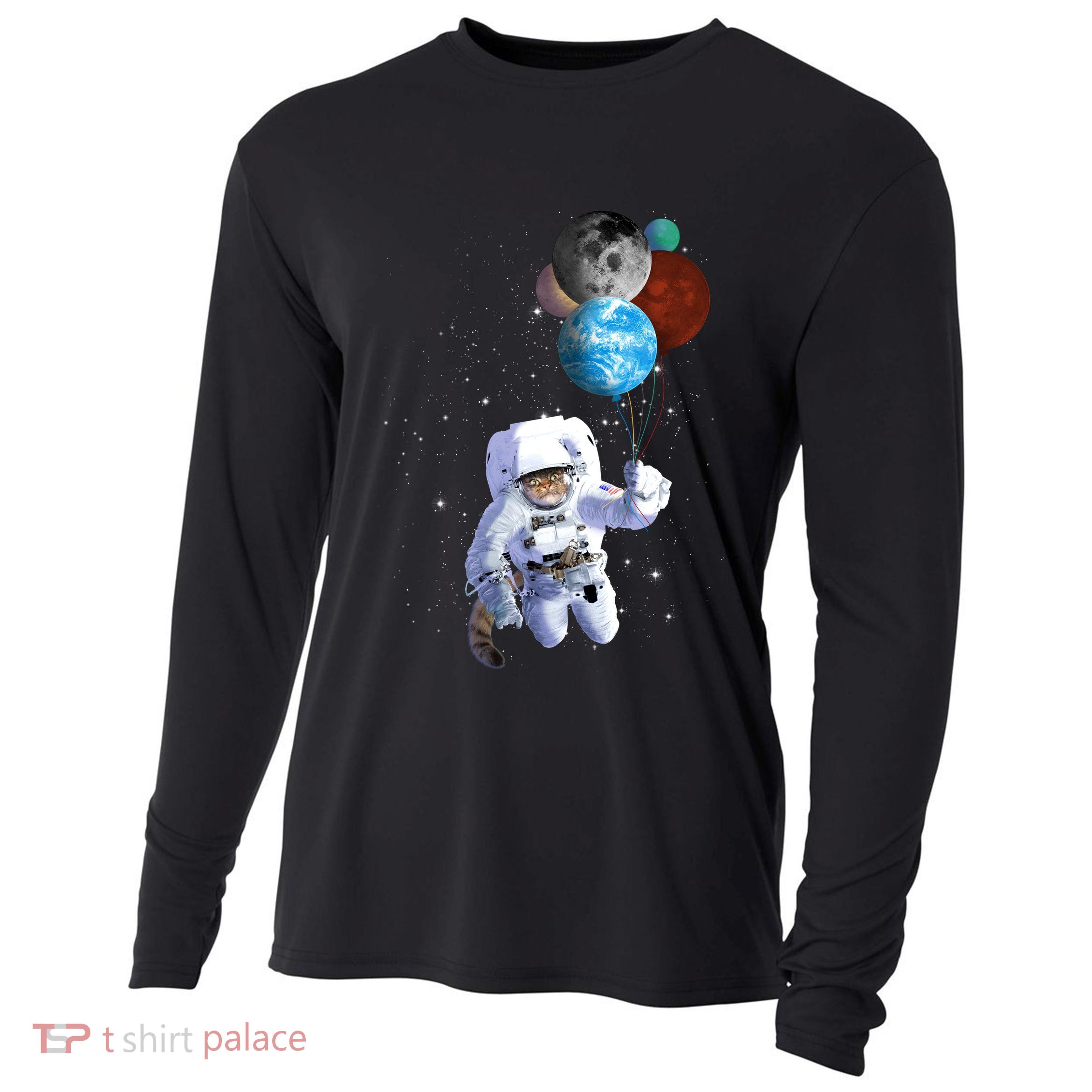 Astro Cat With Planet Balloons Cooling Performance Long Sleeve Crew