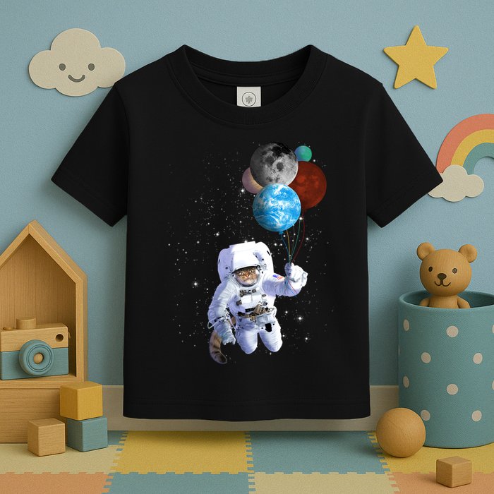 Astro Cat With Planet Balloons Toddler T-Shirt