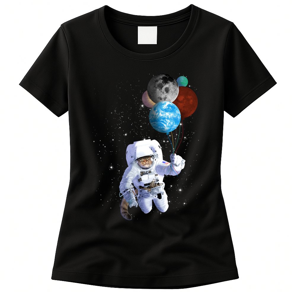 Astro Cat With Planet Balloons Womens T-Shirt