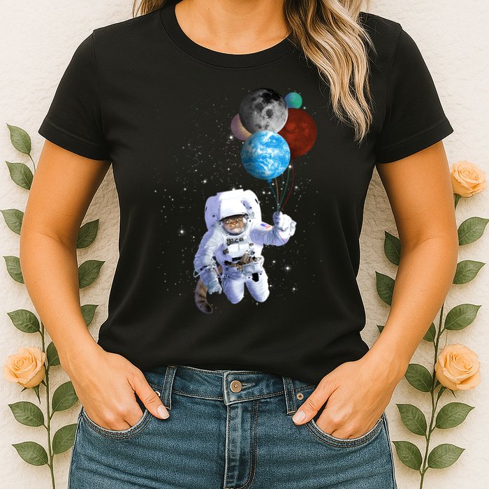 Astro Cat With Planet Balloons Womens T-Shirt