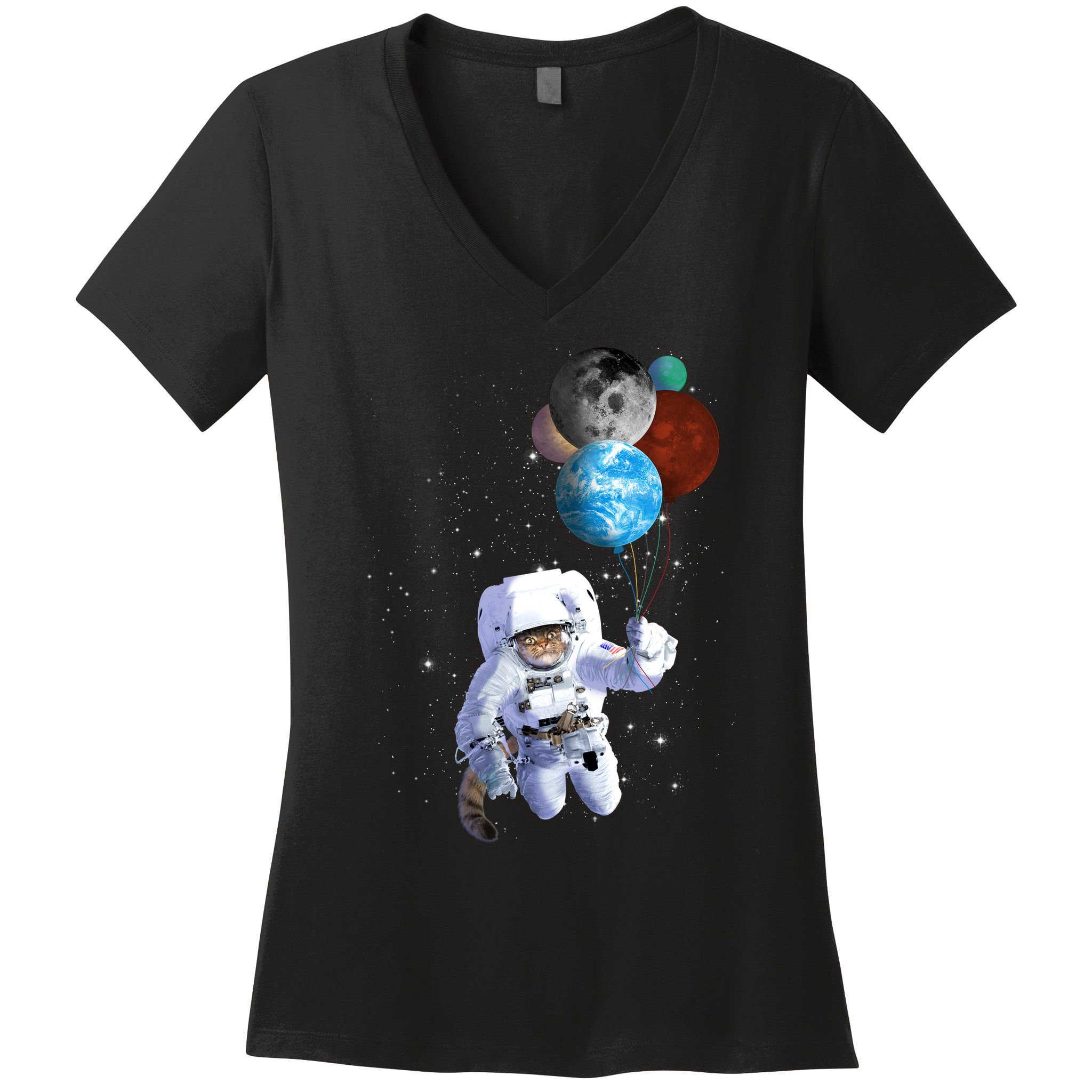 Astro Cat With Planet Balloons Women's V-Neck T-Shirt