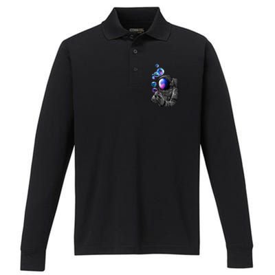 Astronaut Blowing Space Bubbles Performance Long Sleeve Polo