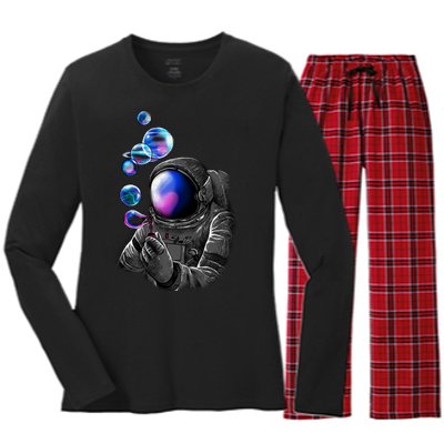 Astronaut Blowing Space Bubbles Women's Long Sleeve Flannel Pajama Set 