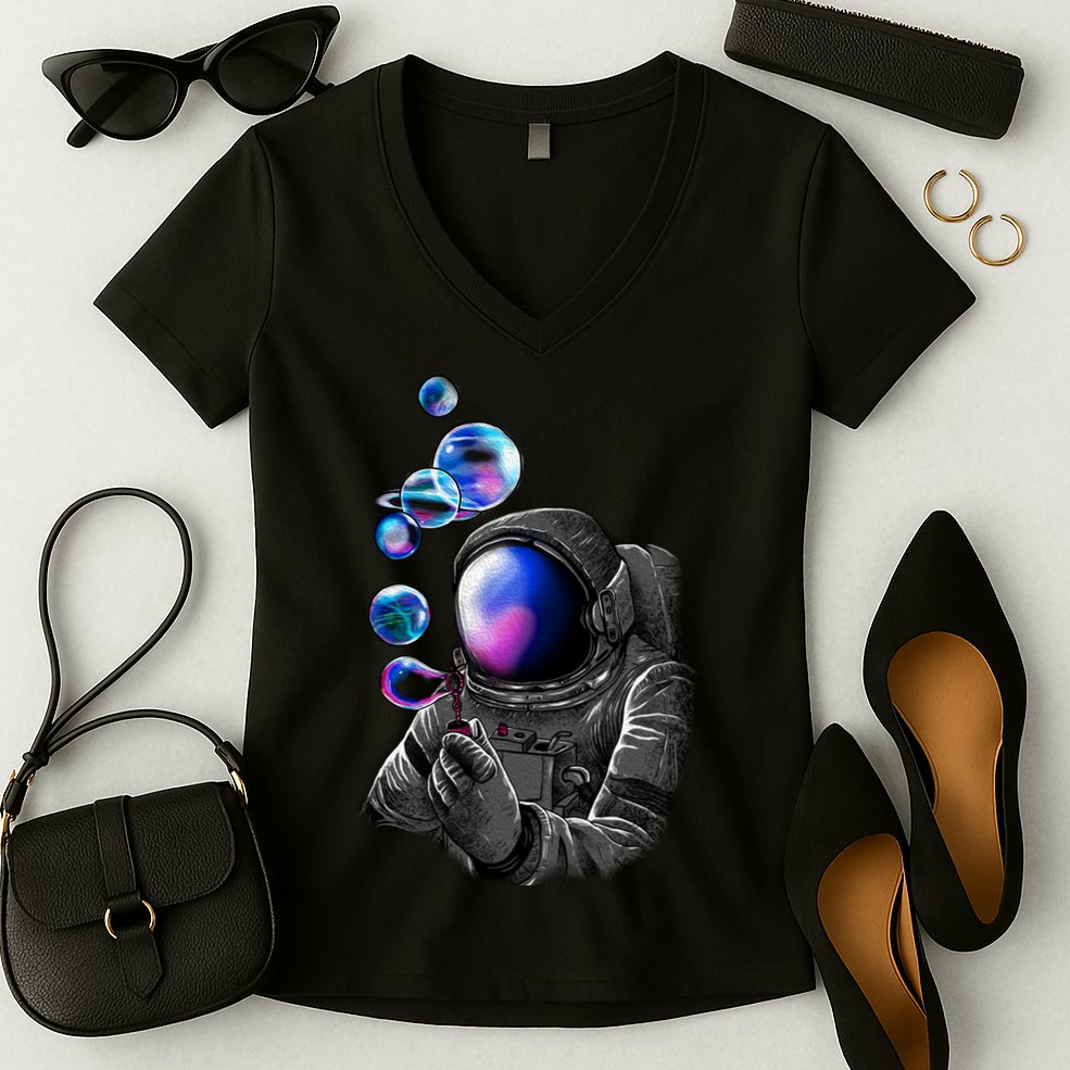 Astronaut Blowing Space Bubbles Women's V-Neck T-Shirt