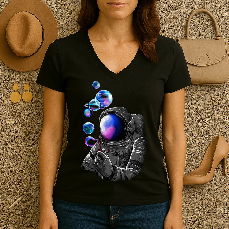 Astronaut Blowing Space Bubbles Women's V-Neck T-Shirt