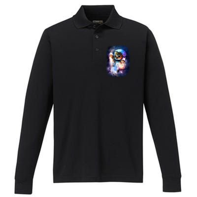 Astronaut Cat In Space Performance Long Sleeve Polo