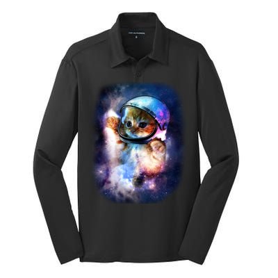 Astronaut Cat In Space Silk Touch Performance Long Sleeve Polo