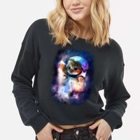 Astronaut Cat In Space Cropped Pullover Crew