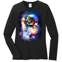 Astronaut Cat In Space Ladies Long Sleeve Shirt