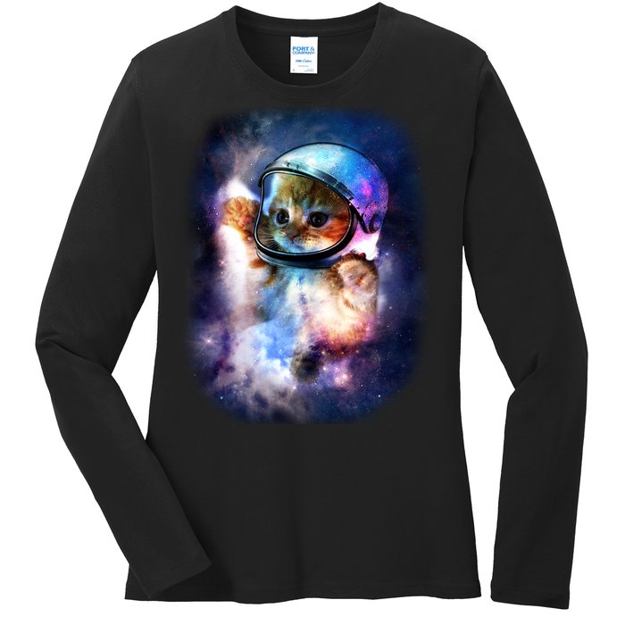 Astronaut Cat In Space Ladies Long Sleeve Shirt