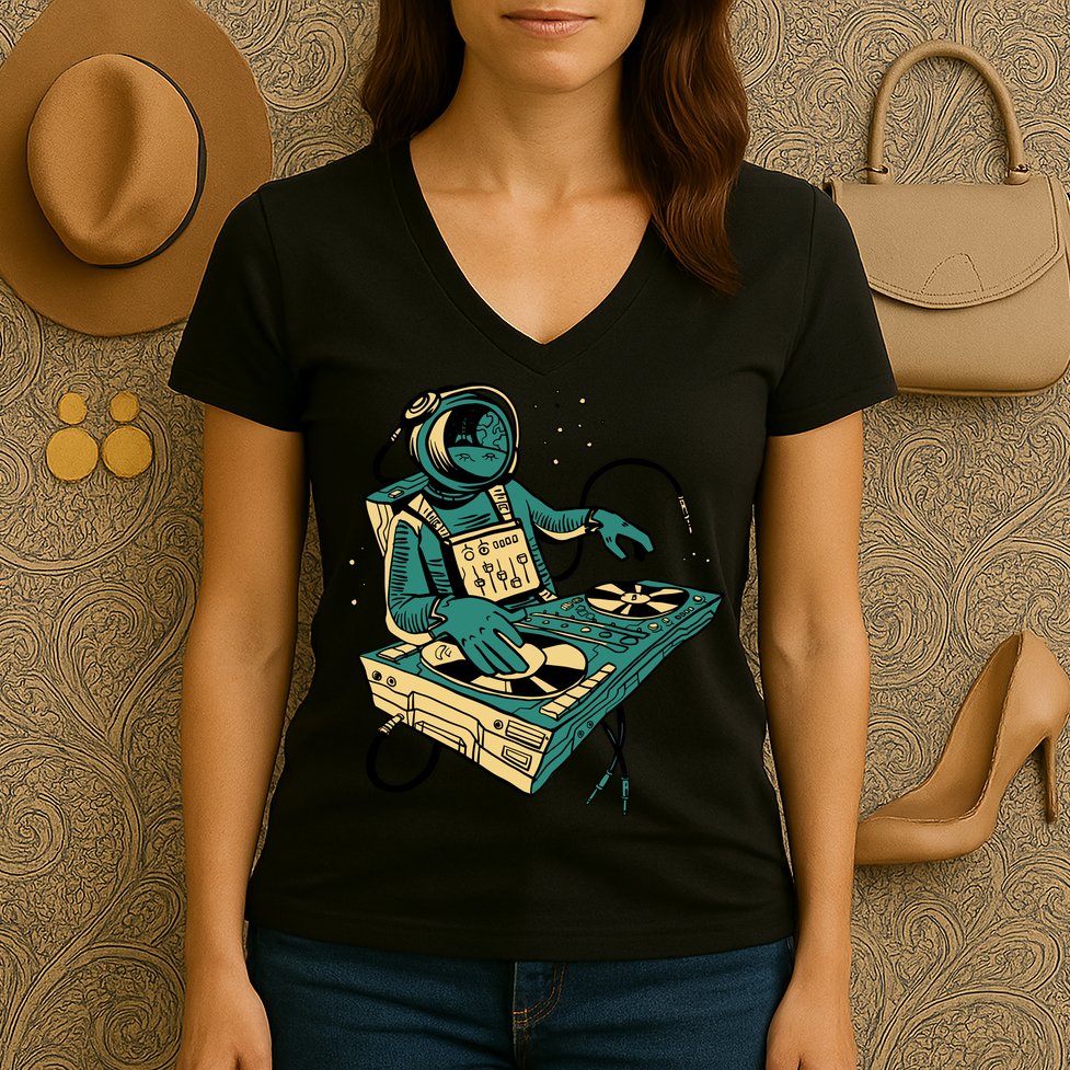 Astronaut Djing Space Women's V-Neck T-Shirt