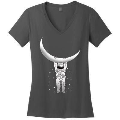 Astronaut Hanging From The Moon Women's V-Neck T-Shirt