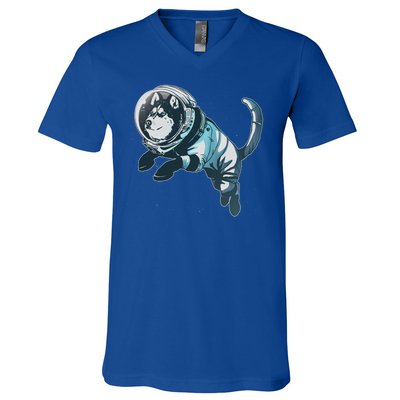 Astronaut Husky Dog Space V-Neck T-Shirt