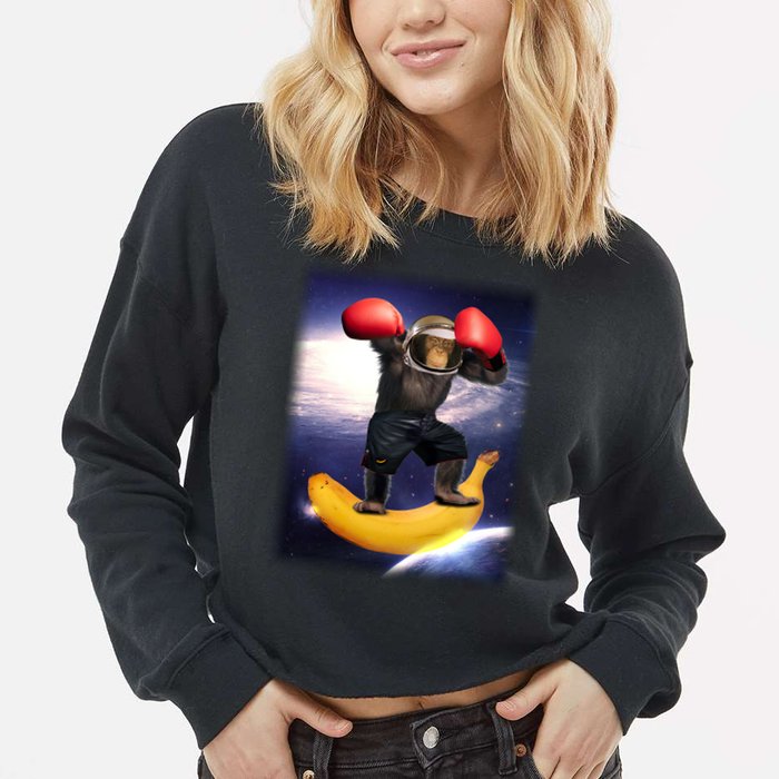 Astronaut Monkey Boxing In Space Cropped Pullover Crew