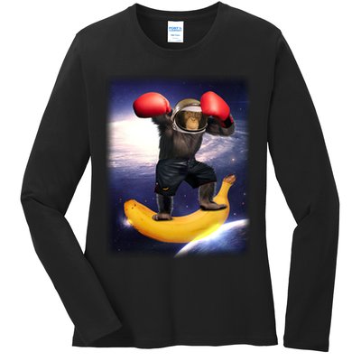 Astronaut Monkey Boxing In Space Ladies Long Sleeve Shirt
