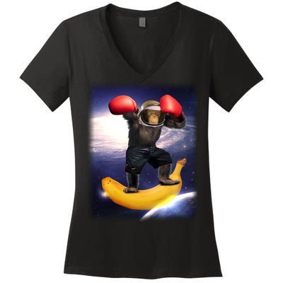 Astronaut Monkey Boxing In Space Women's V-Neck T-Shirt