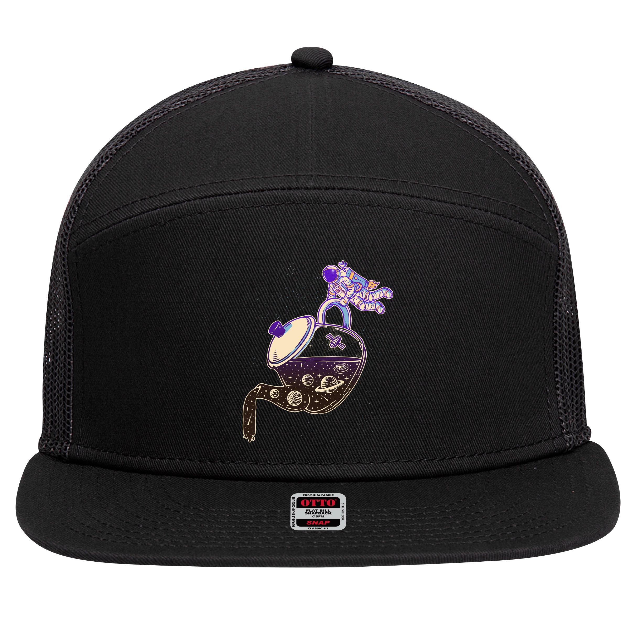 Astronaut Pouring Galaxy Coffee Coffee 7 Panel Mesh Trucker Snapback Hat
