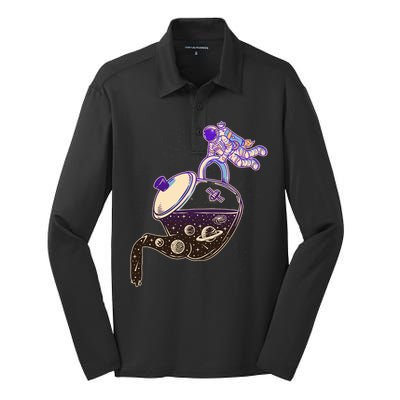 Astronaut Pouring Galaxy Coffee Coffee Silk Touch Performance Long Sleeve Polo