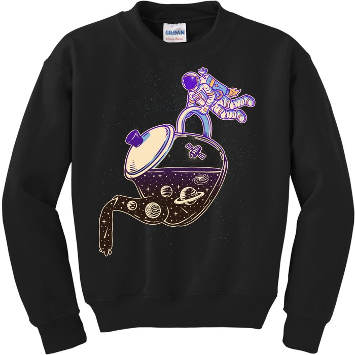 Astronaut Pouring Galaxy Coffee Coffee Kids Sweatshirt