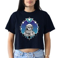Astronaut Skeleton Star Sky Moon Phases Women's Crop Top Tee