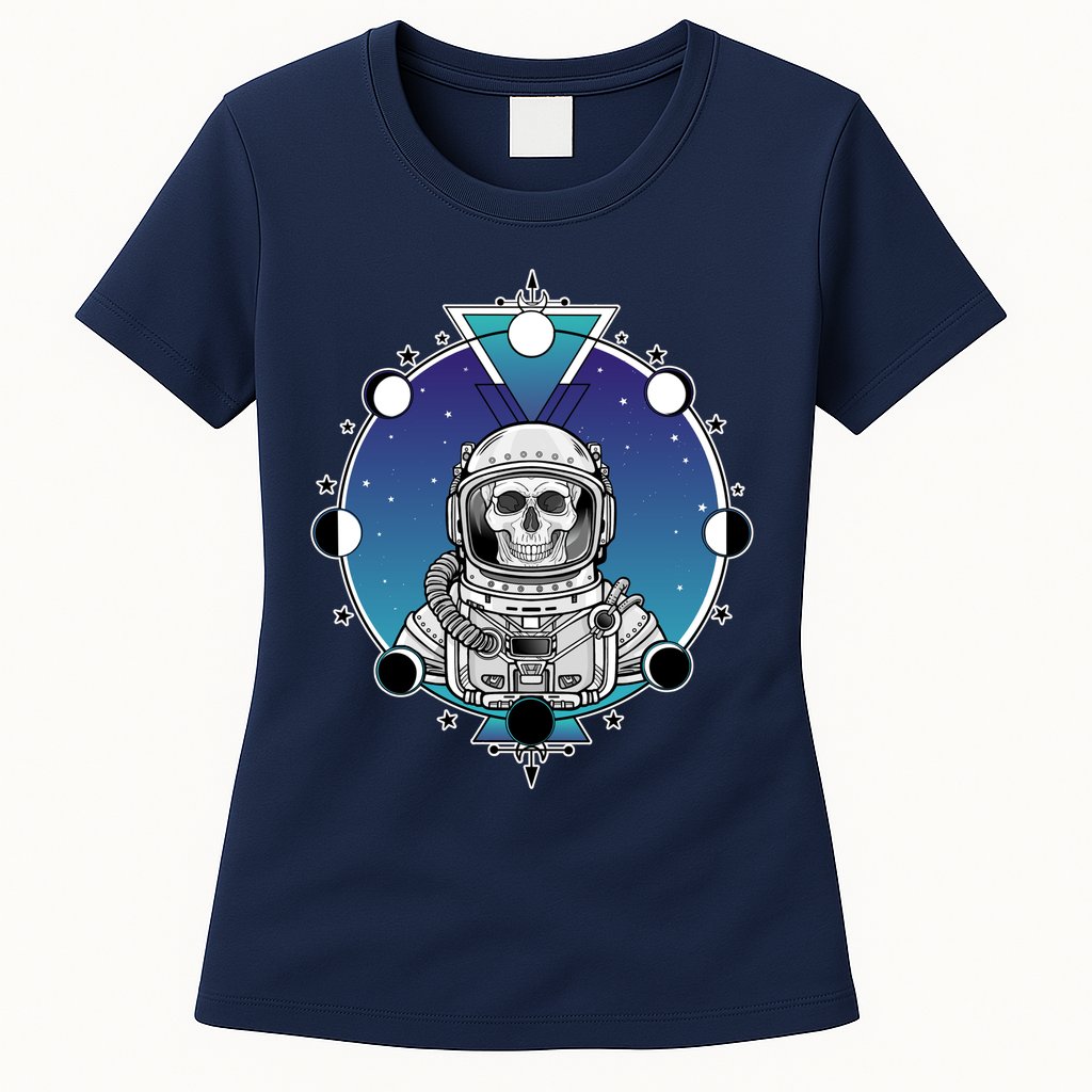 Astronaut Skeleton Star Sky Moon Phases Womens T-Shirt