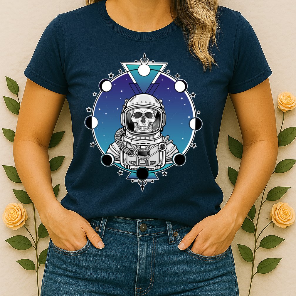 Astronaut Skeleton Star Sky Moon Phases Womens T-Shirt