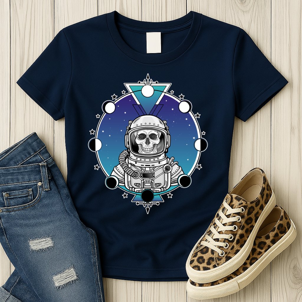 Astronaut Skeleton Star Sky Moon Phases Womens T-Shirt