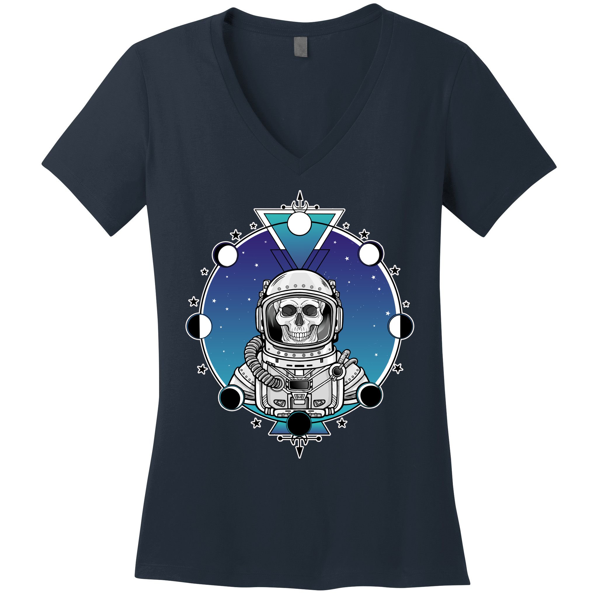 Astronaut Skeleton Star Sky Moon Phases Women's V-Neck T-Shirt