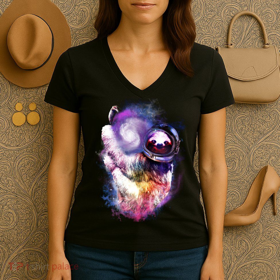 Astronaut Sloth Hanging In Space Women's V-Neck T-Shirt