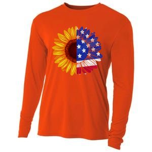 America Sunflower Us Flag 4th July American Patriotic Flower Gift Cooling Performance Long Sleeve Crew