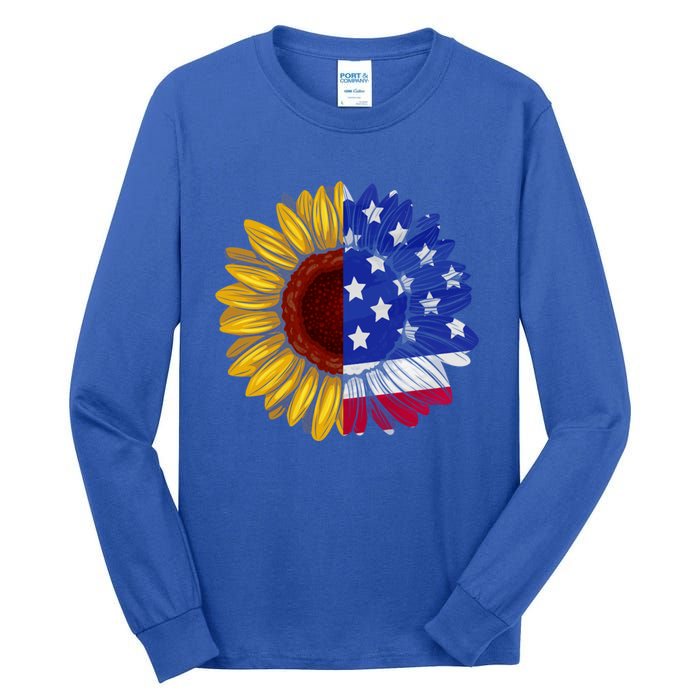 America Sunflower Us Flag 4th July American Patriotic Flower Gift Tall Long Sleeve T-Shirt