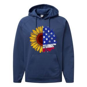 America Sunflower Us Flag 4th July American Patriotic Flower Gift Performance Fleece Hoodie