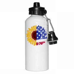 America Sunflower Us Flag 4th July American Patriotic Flower Gift Aluminum Water Bottle