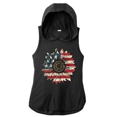 America Sunflower USA Flag Flower Gift For American 4th Of July Flag  Freedom Ladies PosiCharge Tri-Blend Wicking Draft Hoodie Tank