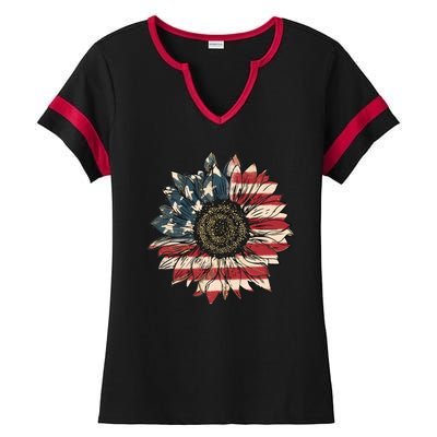 America Sunflower USA Flag Flower Gift For American 4th Of July Flag  Freedom Ladies Halftime Notch Neck Tee