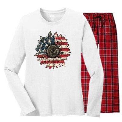 America Sunflower USA Flag Flower Gift For American 4th Of July Flag  Freedom Women's Long Sleeve Flannel Pajama Set 